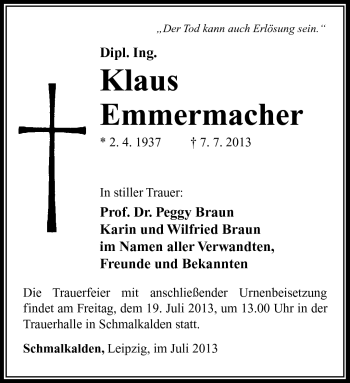 Traueranzeige von Klaus Emmermacher von Südthüringer Presse
