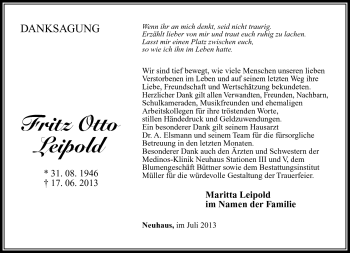 Traueranzeige von Fritz Otto Leipold von Südthüringer Presse