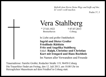 Traueranzeige von Vera Stahlberg von Neue Presse Coburg