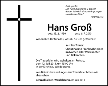 Traueranzeige von Hans Groß von Südthüringer Presse