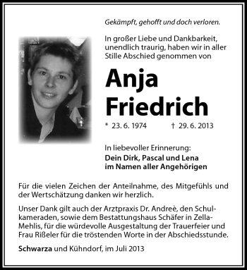 Traueranzeige von Anja Friedrich von Südthüringer Presse