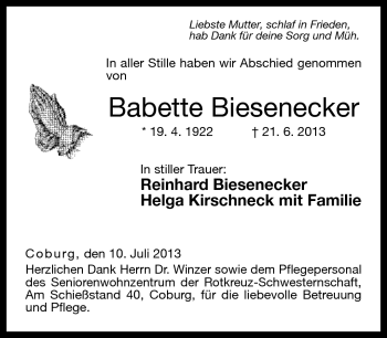 Traueranzeige von Babette Biesenecker von Neue Presse Coburg