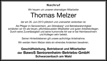 Traueranzeige von Thomas Melzer von Frankenpost