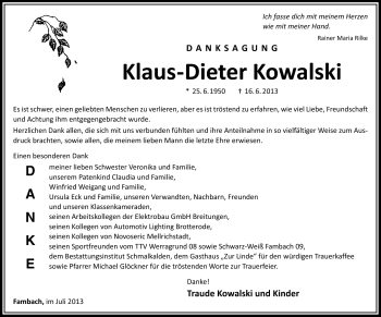 Traueranzeige von Klaus-Dieter Kowalski von Südthüringer Presse