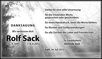 Traueranzeige von Rolf Sack von Südthüringer Presse