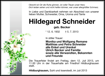 Traueranzeige von Hildegard Schneider von Südthüringer Presse