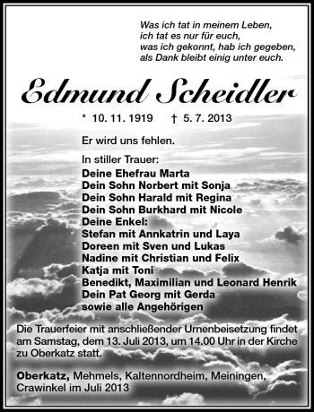 Traueranzeige von Edmund Scheidler von Südthüringer Presse