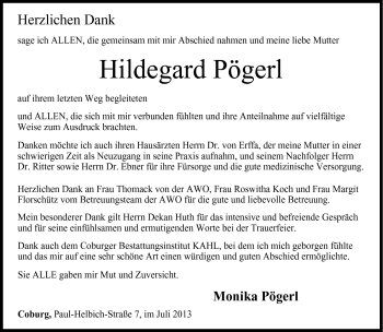 Traueranzeige von Hildegard Pögerl von Neue Presse Coburg