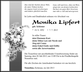 Traueranzeige von Monika Lipfert von Südthüringer Presse