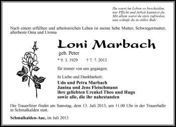 Traueranzeige von Loni Marbach von Südthüringer Presse