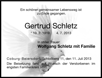 Traueranzeige von Gertrud Schletz von Frankenpost