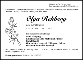 Traueranzeige von Olga Rehberg von Südthüringer Presse