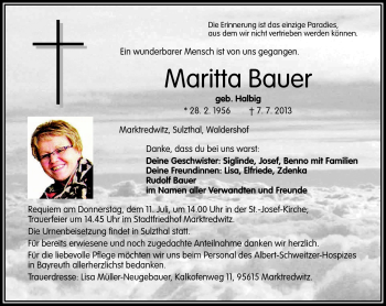Traueranzeige von Maritta Bauer von Frankenpost