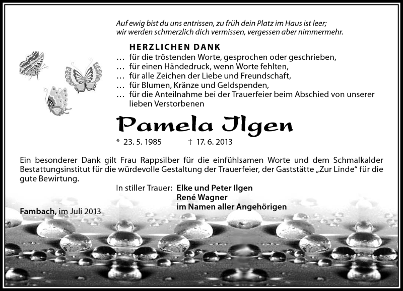  Traueranzeige für Pamela Ilgen vom 13.07.2013 aus Südthüringer Presse