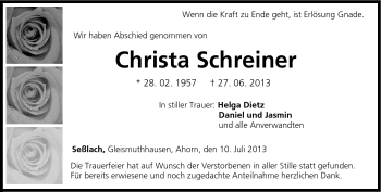 Traueranzeige von Christa Schreiner von Neue Presse Coburg