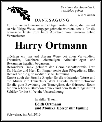 Traueranzeige von Harry Ortmann von Südthüringer Presse