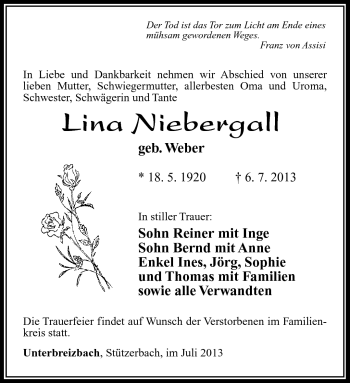 Traueranzeige von Lina Niebergall von Südthüringer Presse