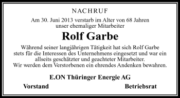 Traueranzeige von Rolf Garbe von Südthüringer Presse