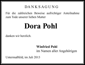 Traueranzeige von Dora Pohl von Südthüringer Presse
