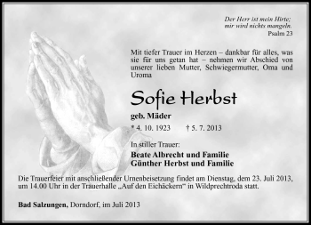 Traueranzeige von Sofie Herbst von Südthüringer Presse