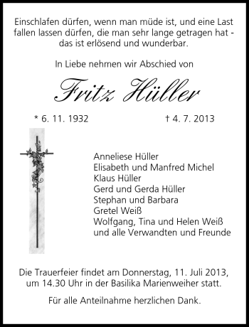 Traueranzeige von Fritz Hüller von Frankenpost