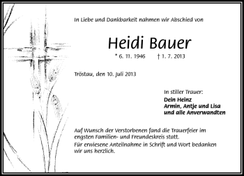 Traueranzeige von Heidi Bauer von Frankenpost