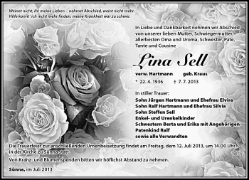 Traueranzeige von Lina Sell von Südthüringer Presse