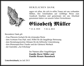 Traueranzeige von Elisabeth Müller von Südthüringer Presse