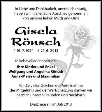 Traueranzeige von Gisela Rönsch von Südthüringer Presse