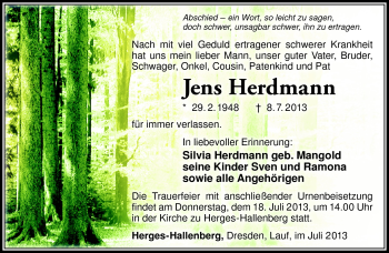 Traueranzeige von Jens Herdmann von Südthüringer Presse