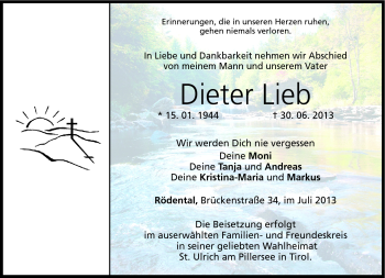 Traueranzeige von Dieter Lieb von Neue Presse Coburg
