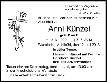 Traueranzeige von Anni Künzel von Frankenpost