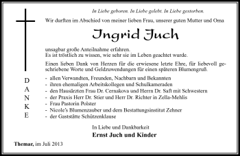 Traueranzeige von Ingrid Juch von Südthüringer Presse