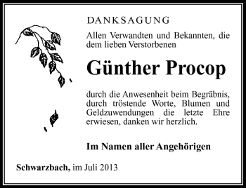 Traueranzeige von Günther Procop von Südthüringer Presse
