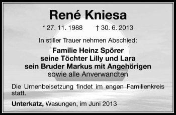 Traueranzeige von René Kniesa von Südthüringer Presse