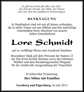 Traueranzeige von Lore Schmidt von Südthüringer Presse