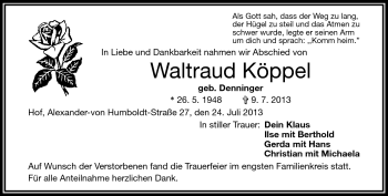 Traueranzeige von Waltraud Köppel von Frankenpost