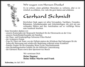 Traueranzeige von Gerhard Schmidt von Südthüringer Presse