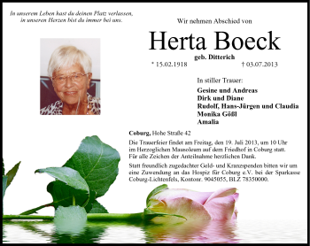 Traueranzeige von Herta Boeck von Neue Presse Coburg
