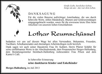 Traueranzeige von Lothar Reumschüssel von Südthüringer Presse