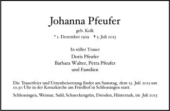 Traueranzeige von Johanna Pfeufer von Südthüringer Presse