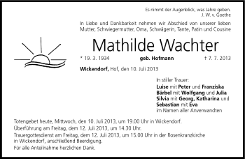 Traueranzeige von Mathilde Wachter von Neue Presse Coburg