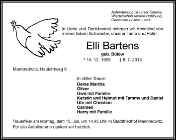 Traueranzeige von Elli Bartens von Frankenpost