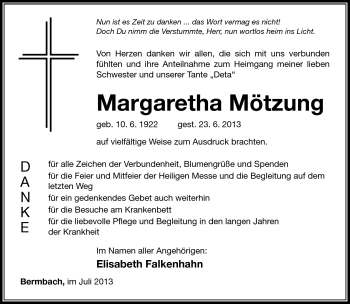 Traueranzeige von Margaretha Mötzung von Südthüringer Presse