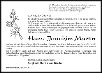 Traueranzeige von Hans-Joachim Martin von Südthüringer Presse