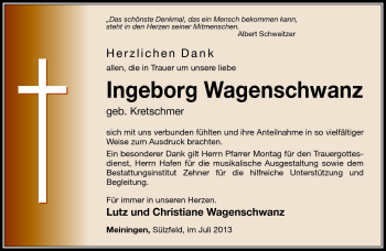 Traueranzeige von Ingeborg Wagenschwanz von Südthüringer Presse