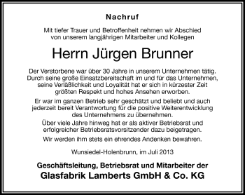 Traueranzeige von Jürgen Brunner von Frankenpost