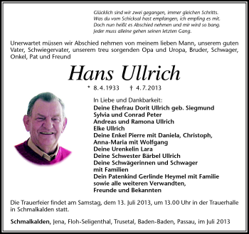 Traueranzeige von Hans Ullrich von Südthüringer Presse