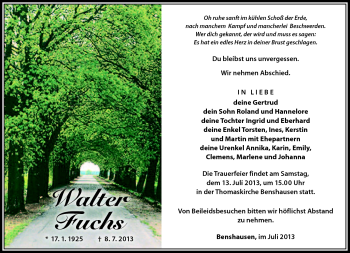 Traueranzeige von Walther Fuchs von Südthüringer Presse