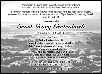 Traueranzeige von Ernst Georg Gertenbach von Südthüringer Presse